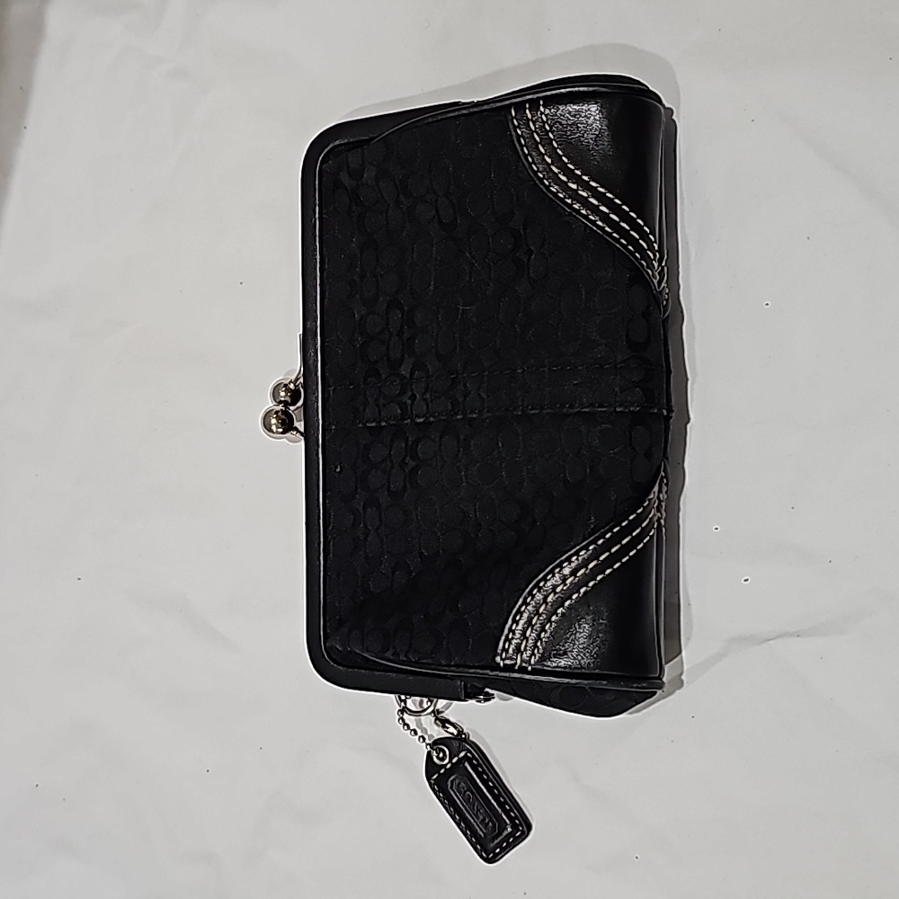 Coach Black Signature clutch/wristlet/ cosmetic bag with kiss closure